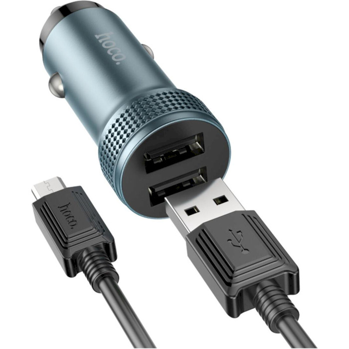 Автомобільний зарядний пристрій HOCO Z49 Level Dual Port 2xUSB-A, QC3.0 18W Metal Gray w/Micro-USB cable (6931474795656)
