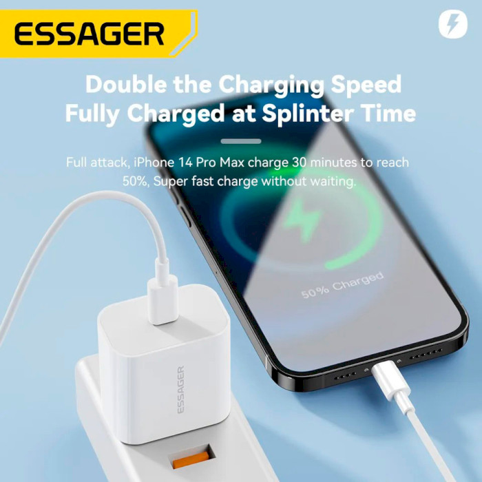 Зарядное устройство ESSAGER Vanjane 20W 1xUSB-C, PD3.0, QC3.0 Travel Charger White w/Type-C to Lightning cable (EFJB02-XBL02-T)