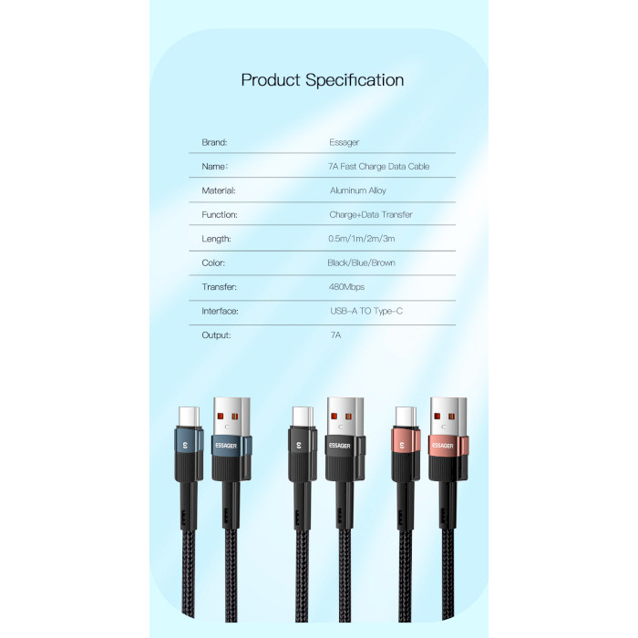 Кабель ESSAGER Star Fast Charging Data Cable 7A USB-A to Type-C 3м (EXCT-XCC01)