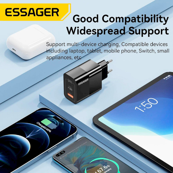 Зарядное устройство ESSAGER Pinchen 33W 1xUSB-A, 1xUSB-C, PD3.0, QC3.0 GaN Travel Charger Black (ECTAC-PCB01-P)