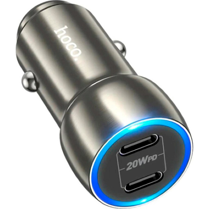 Автомобільний зарядний пристрій HOCO Z48 Tough 2xUSB-C 40W Metal Gray w/Type-C to Lightning cable (6931474795014)