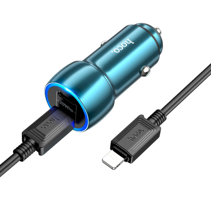 Автомобільний зарядний пристрій HOCO Z48 Tough 2xUSB-C 40W Sapphire Blue w/Type-C to Lightning cable (6931474795021)