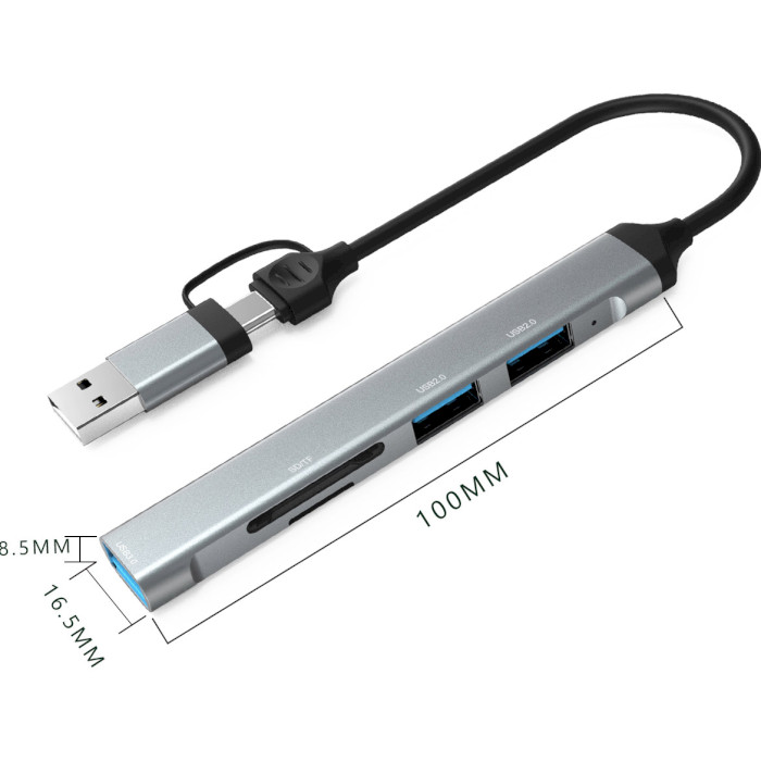 Порт-репликатор DYNAMODE 5-in-1 USB-C/A to 1xUSB3.0, 2xUSB2.0, TF/SD Gray