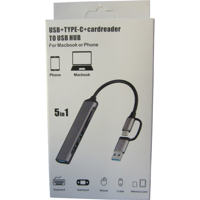 Порт-репликатор DYNAMODE 5-in-1 USB-C/A to 1xUSB3.0, 2xUSB2.0, TF/SD Silver