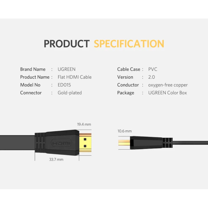 Кабель UGREEN ED015 Flat Cable HDMI v2.0 2м Black (70159)