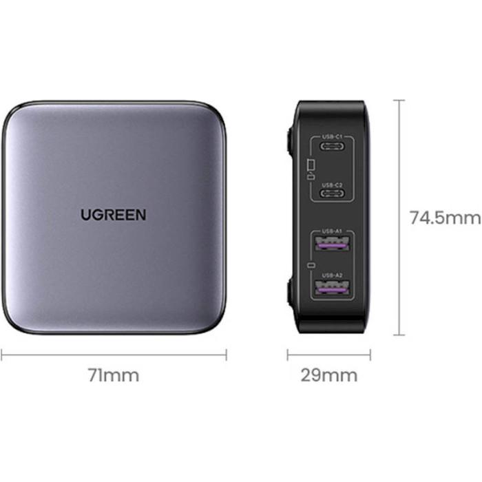 Зарядний пристрій UGREEN CD327 Nexode GaN 65W 2xUSB-C, 2xUSB-A, PD 3.0, QC.4+ Desktop Charger Gray (90747)