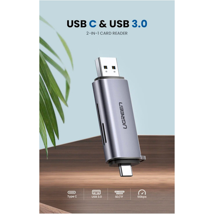 Кардрідер UGREEN CM185 USB Type-C + USB3.0 for TF/SD Card Reader Gray (50706)