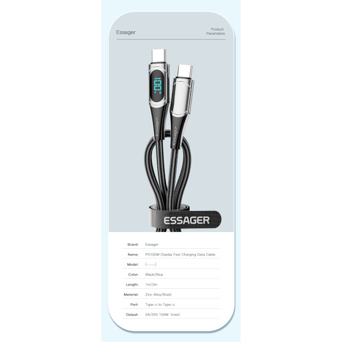 Кабель ESSAGER LED Digital Display Fast Charging Data Cable PD100W Type-C to Type-C 2м Black (ES-XCTT1-YDA01)