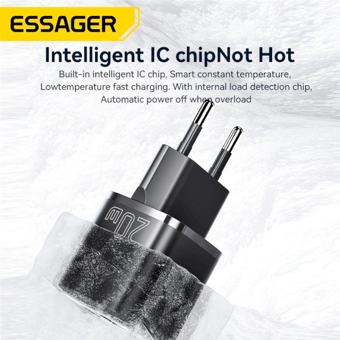 Зарядний пристрій ESSAGER Camber 20W 1xUSB-A, 1xUSB-C, PD3.0, QC3.0, GaN Travel Charger Black (ECTAC-HMB01-P)