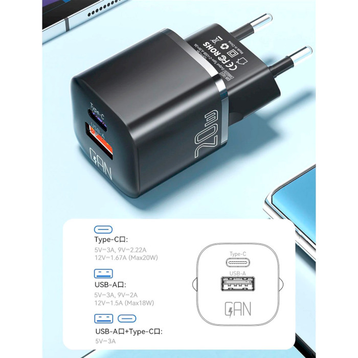 Зарядний пристрій ESSAGER Camber 20W 1xUSB-A, 1xUSB-C, PD3.0, QC3.0, GaN Travel Charger Black (ECTAC-HMB01-P)