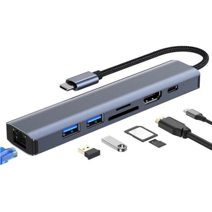 Порт-реплікатор DYNAMODE 7-in-1 USB-C to HDMI, 2xUSB3.0, TF/SD, LAN, PD