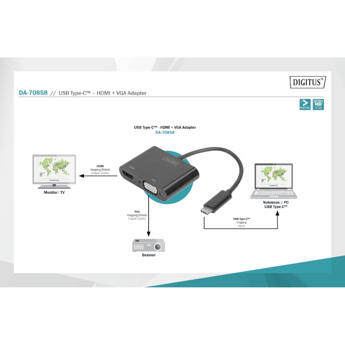 Адаптер DIGITUS USB Type-C to HDMI + VGA USB-C - HDMI/VGA Black (DA-70858)