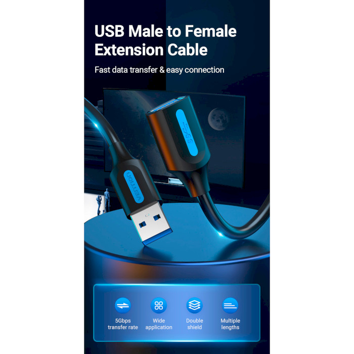 Кабель-удлинитель VENTION USB 3.0 AM/AF Extension Cable 3м Black (CBHBI)