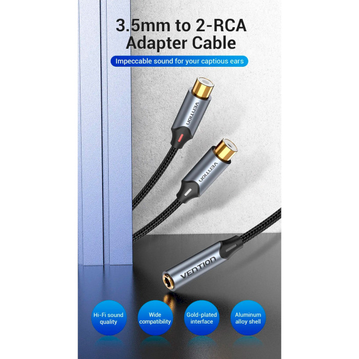 Кабель VENTION 3.5mm Female to 2RCA Female Adapter Cable mini-jack 3.5 мм - 2RCA 0.3м Black (BCOHY)