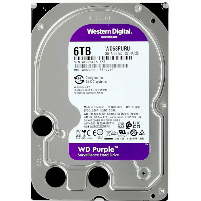 Жёсткий диск 3.5" WD Purple 6TB SATA/256MB (WD63PURU-78)