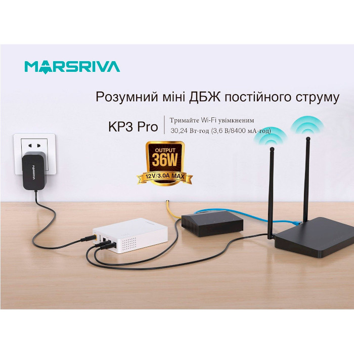 ДБЖ для роутера MARSRIVA KP3 Pro 3xDC+USB out 5V/9V/12V 36W 8400Ah (30.24Wh) LiPol