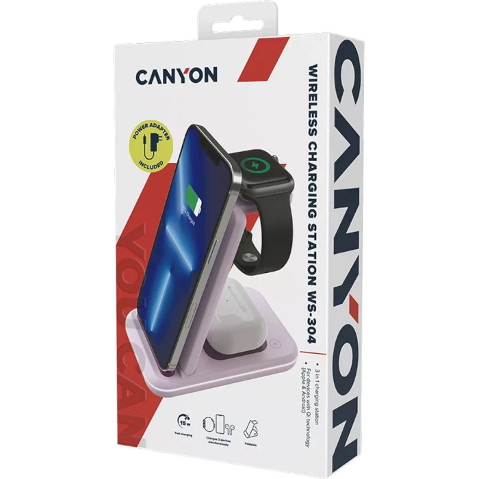 Бездротовий зарядний пристрій CANYON WS-304 Wireless Charging Station Iced Pink (CNS-WCS304IP)