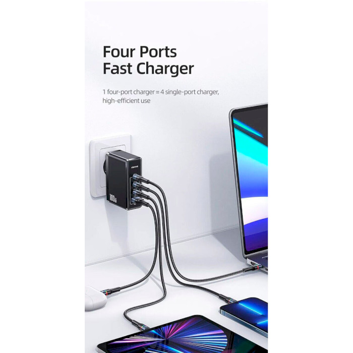 Зарядний пристрій USAMS US-CC163 T50 100W 4 Ports GaN Fast Charger Black (CC163TC01)