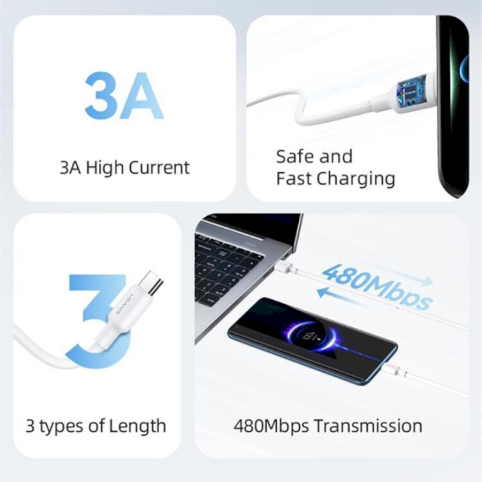 Кабель USAMS US-SJ601 U84 Type-C 3A Charging & Data Cable 1м White (SJ601USB01)