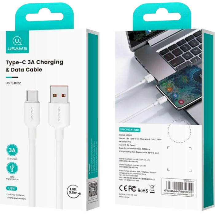 Кабель USAMS US-SJ622 U84 Type-C 3A Charging & Data Cable 0.5м White (SJ622USB01)