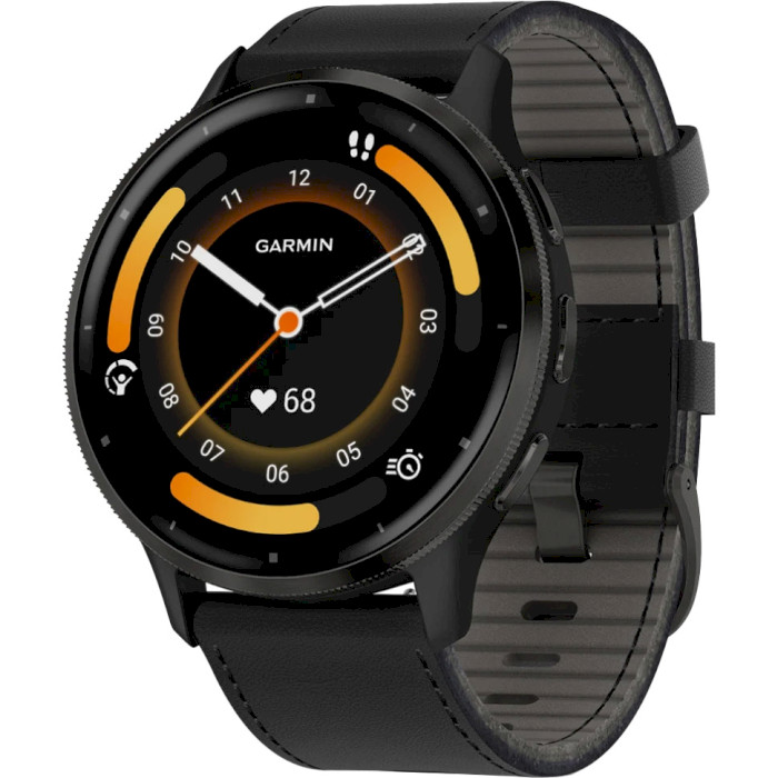 Смарт-годинник GARMIN Venu 3 45mm Slate Stainless Steel Bezel with Black Case and Black Leather Band (010-02784-52)