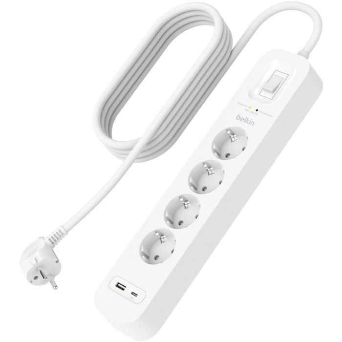 Сетевой фильтр BELKIN Surge Protector White, 4 розетки, 1xUSB-C, 1xUSB, 2м (SRB001VF2M)