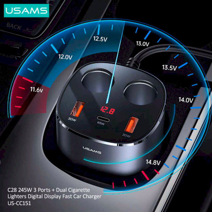 Зарядний пристрій USAMS US-CC151 C28 Dual USB Car Charger 245W Black (CC151TC01)