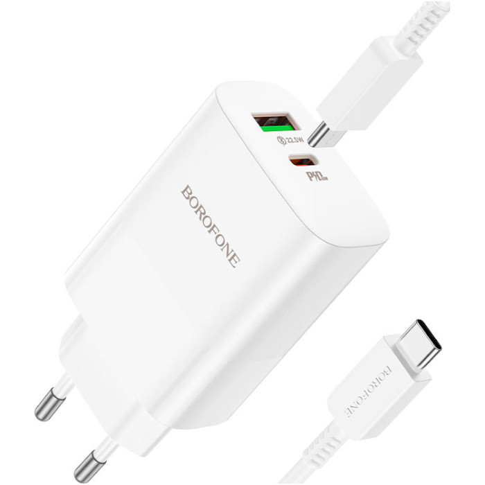 Зарядное устройство BOROFONE BN10 Sunlight 1xUSB-C, 1xUSB-A, PD65W, QC3.0 22.5W White w/Type-C to Type-C cable (6974443388206)