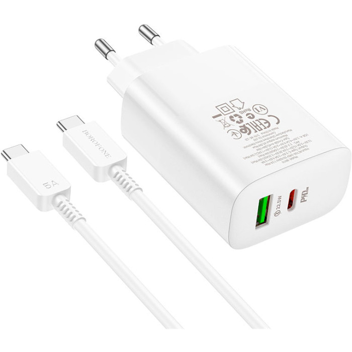 Зарядний пристрій BOROFONE BN10 Sunlight 1xUSB-C, 1xUSB-A, PD65W, QC3.0 22.5W White w/Type-C to Type-C cable (6974443388206)