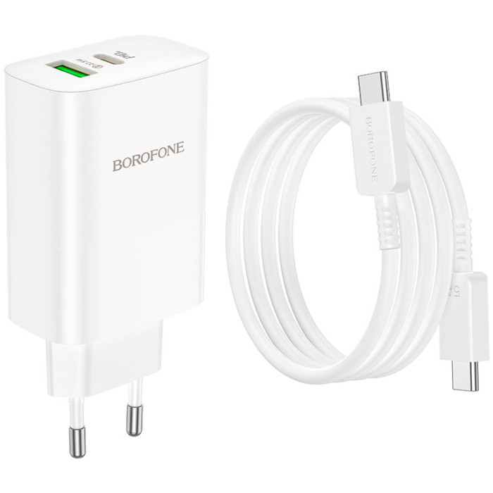 Зарядное устройство BOROFONE BN10 Sunlight 1xUSB-C, 1xUSB-A, PD65W, QC3.0 22.5W White w/Type-C to Type-C cable (6974443388206)
