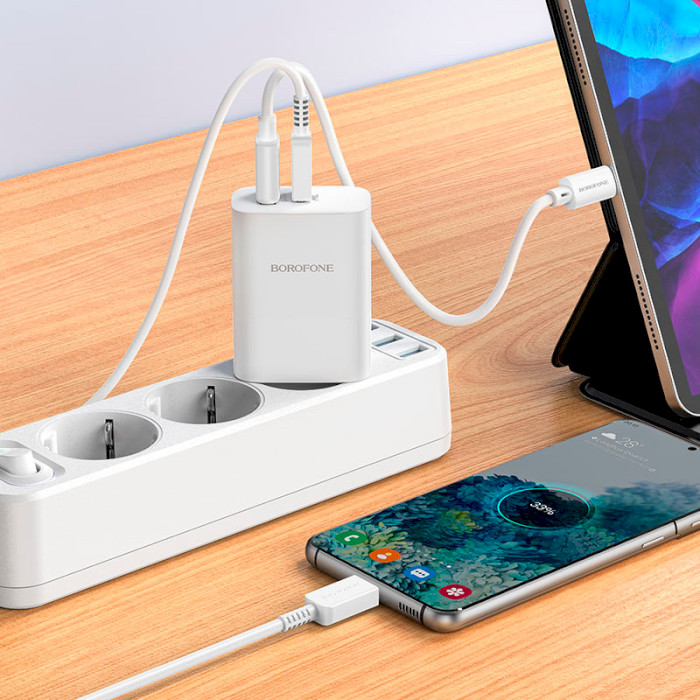 Зарядний пристрій BOROFONE BN10 Sunlight 1xUSB-C, 1xUSB-A, PD65W, QC3.0 22.5W White w/Type-C to Type-C cable (6974443388206)