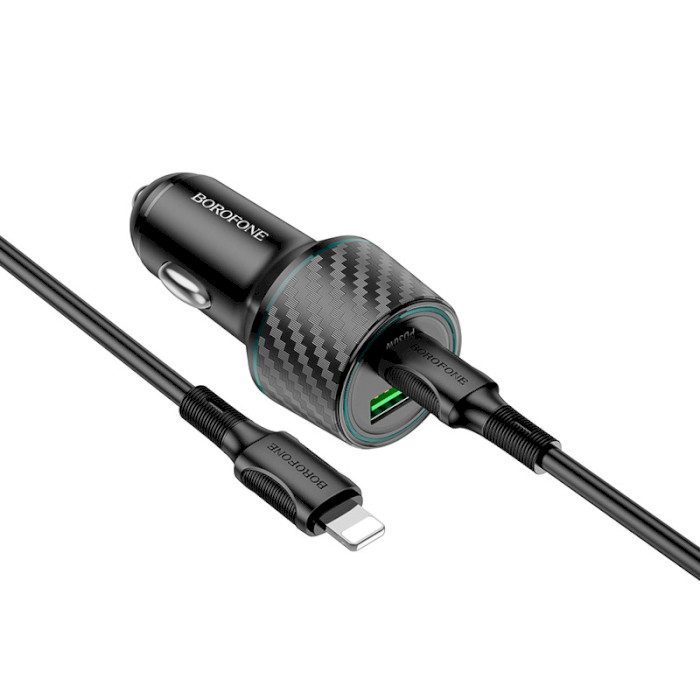 Автомобільний зарядний пристрій BOROFONE BZ21 Brilliant 1xUSB-A, 1xUSB-C, PD30W, QC3.0, 48W Black w/Type-C to Lightning cable