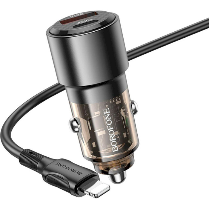 Автомобільний зарядний пристрій BOROFONE BZ20A Smart 1xUSB-A, 1xUSB-C, PD65W, QC3.0, 83W Black w/Type-C to Lightning cable
