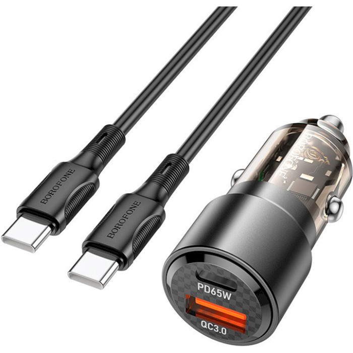 Автомобильное зарядное устройство BOROFONE BZ20A Smart 1xUSB-A, 1xUSB-C, PD65W, QC3.0, 83W Black w/Type-C to Type-C cable