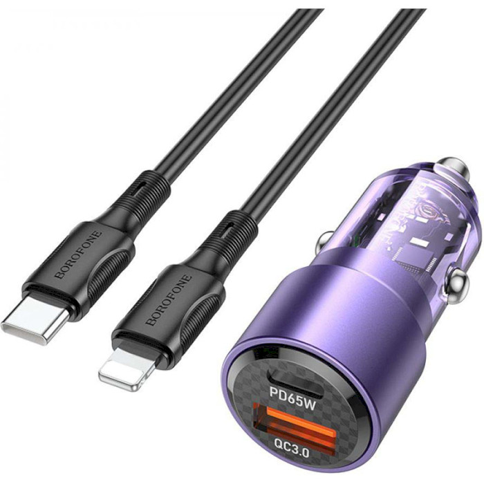 Автомобільний зарядний пристрій BOROFONE BZ20A Smart 1xUSB-A, 1xUSB-C, PD65W, QC3.0, 83W Transparent Purple w/Type-C to Lightning cable