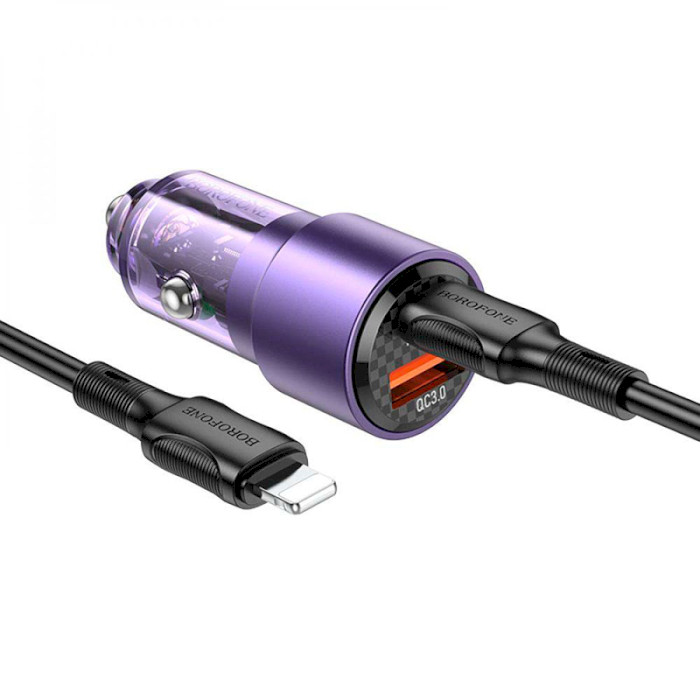 Автомобильное зарядное устройство BOROFONE BZ20A Smart 1xUSB-A, 1xUSB-C, PD65W, QC3.0, 83W Transparent Purple w/Type-C to Lightning cable
