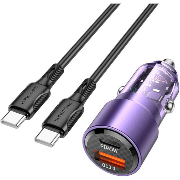 Автомобильное зарядное устройство BOROFONE BZ20A Smart 1xUSB-A, 1xUSB-C, PD65W, QC3.0, 83W Transparent Purple w/Type-C to Type-C cable