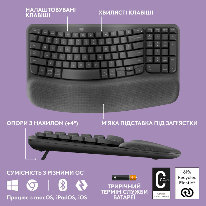 Клавіатура бездротова LOGITECH Wave Keys Ergonomic Keyboard Graphite (920-012304)