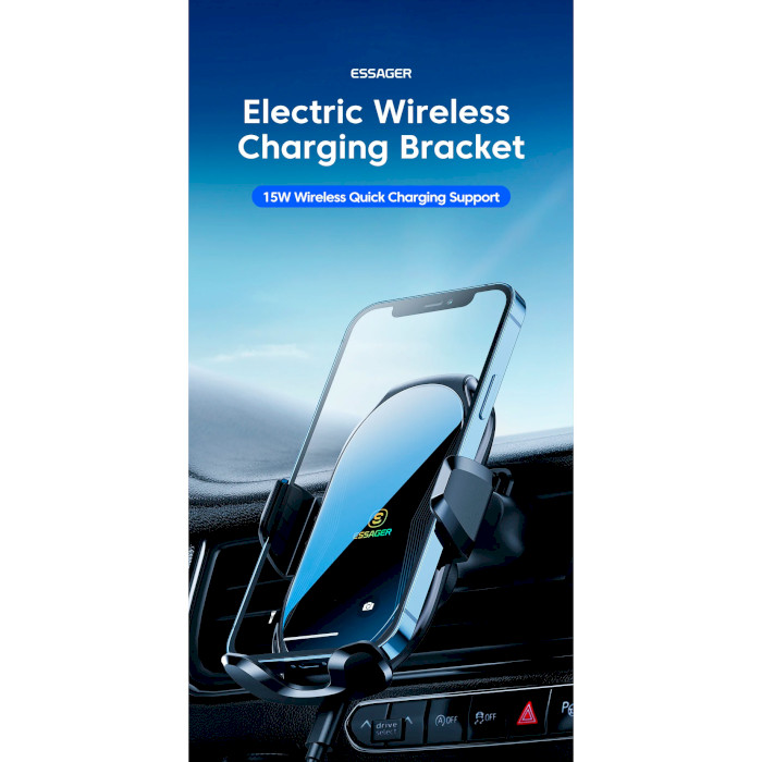 Автодержатель с беспроводной зарядкой ESSAGER Premium Electric Phone Wireless Charger Bracket Black