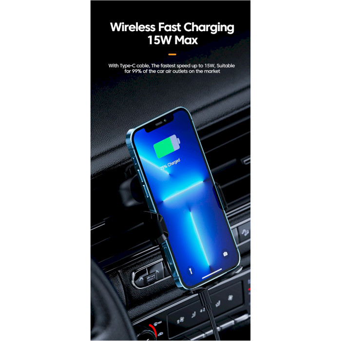 Автотримач з бездротовою зарядкою ESSAGER Premium Electric Phone Wireless Charger Bracket Black