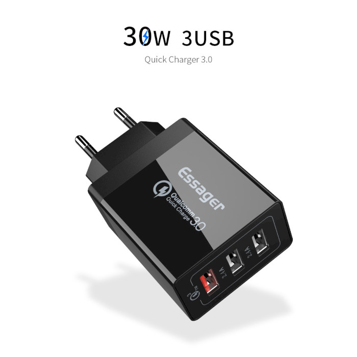 Зарядное устройство ESSAGER Fangbo 30W 3xUSB-A, QC3.0 Charging Head Black (ECTQC3-FBB01)