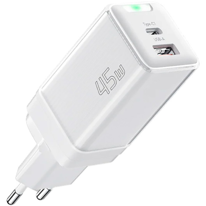 Зарядное устройство ESSAGER Zhiqi 45W 1xUSB-C, 1XUSB-A, PD3.0, QC4.0 GaN Travel Charger White (ECTCA-ZQB02-Z)