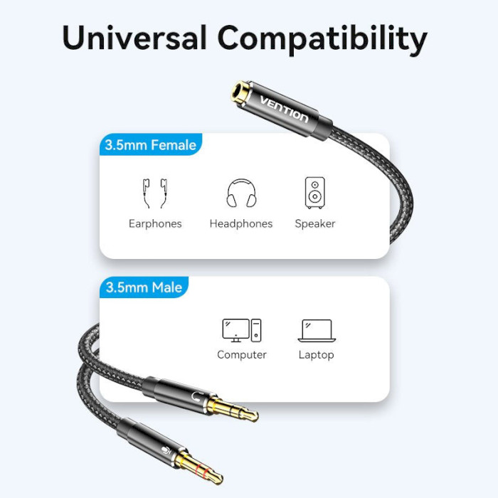 Кабель VENTION Dual 3.5mm Male to 3.5mm Female Audio Cable mini-jack 3.5mm 0.3м Black (BHFBY)