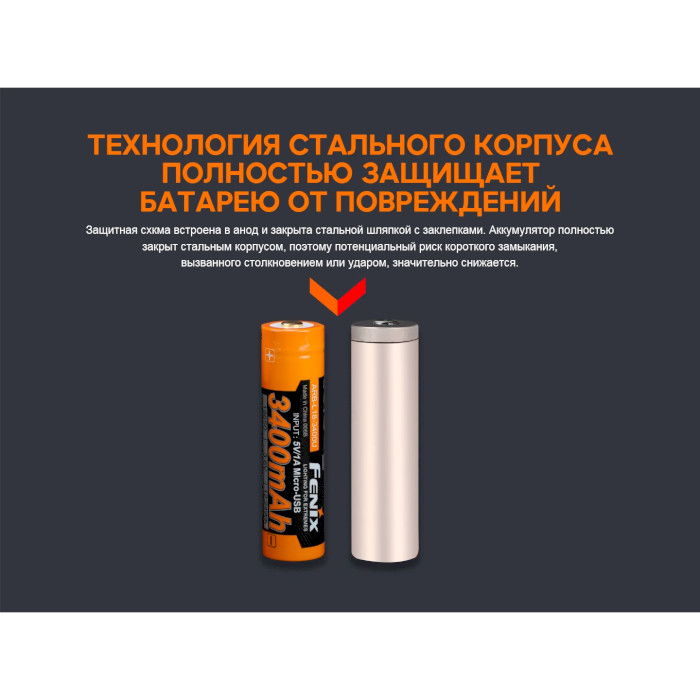 Аккумулятор FENIX Li-Ion 18650 3400mAh 3.6V TipTop, micro-USB зарядка (ARB-L18-3400U)