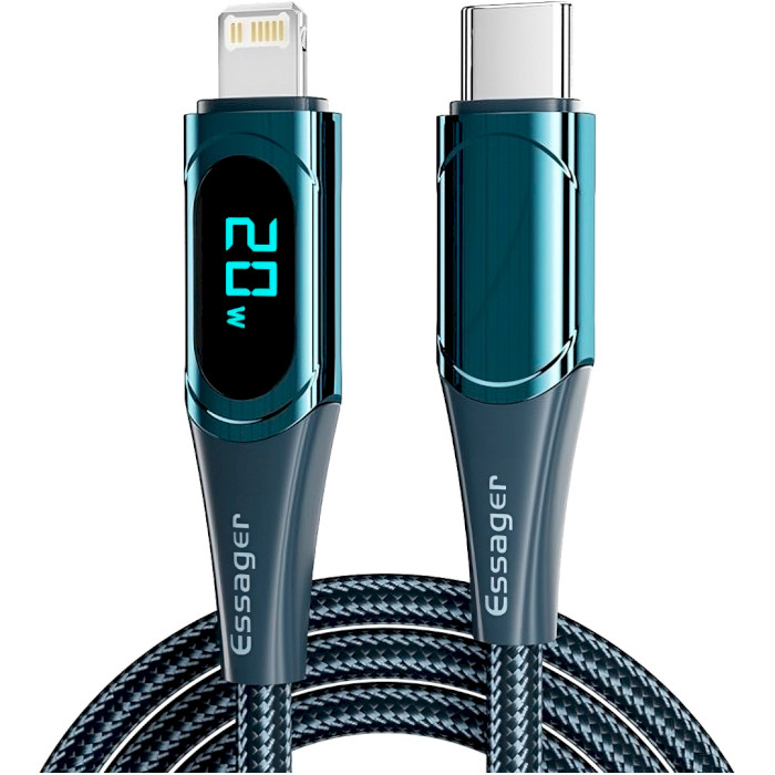Кабель ESSAGER LED Digital Display Fast Charging Data Cable PD20 W Type-C to Lightning 1м Blue (EXCTL-YD03)
