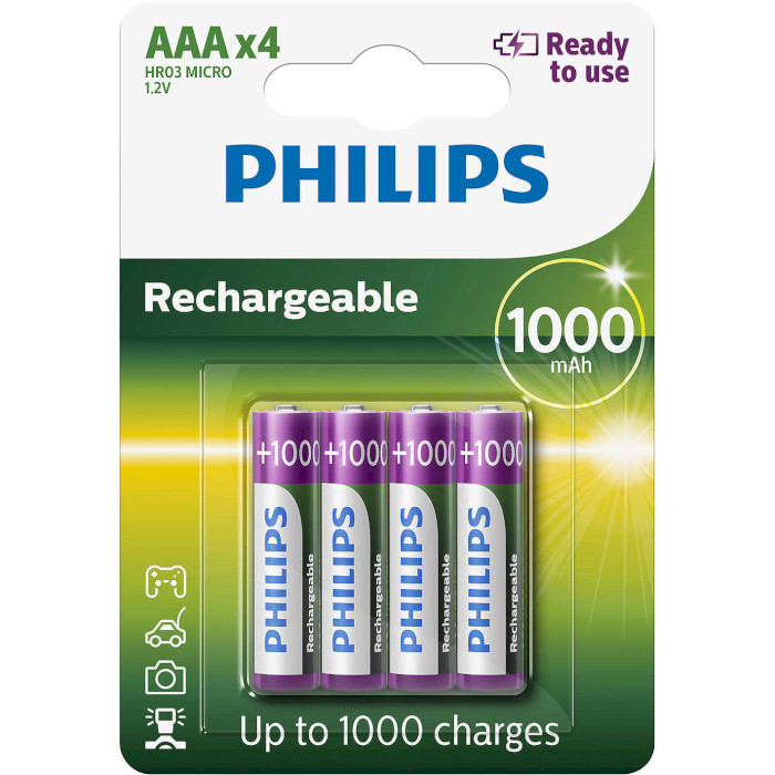 Акумулятор PHILIPS Rechargeable AAA 1000mAh 4шт/уп (R03B4RTU10/10)