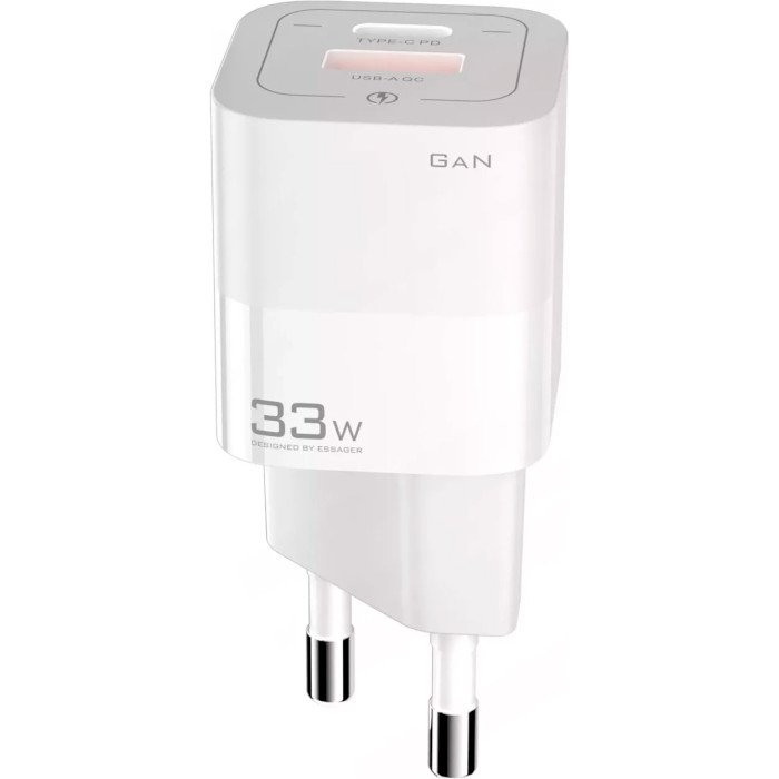 Зарядний пристрій ESSAGER Square Brick 33W 1xUSB-A, 1xUSB-C GaN Travel Charger White (ECTCA-FZB02)