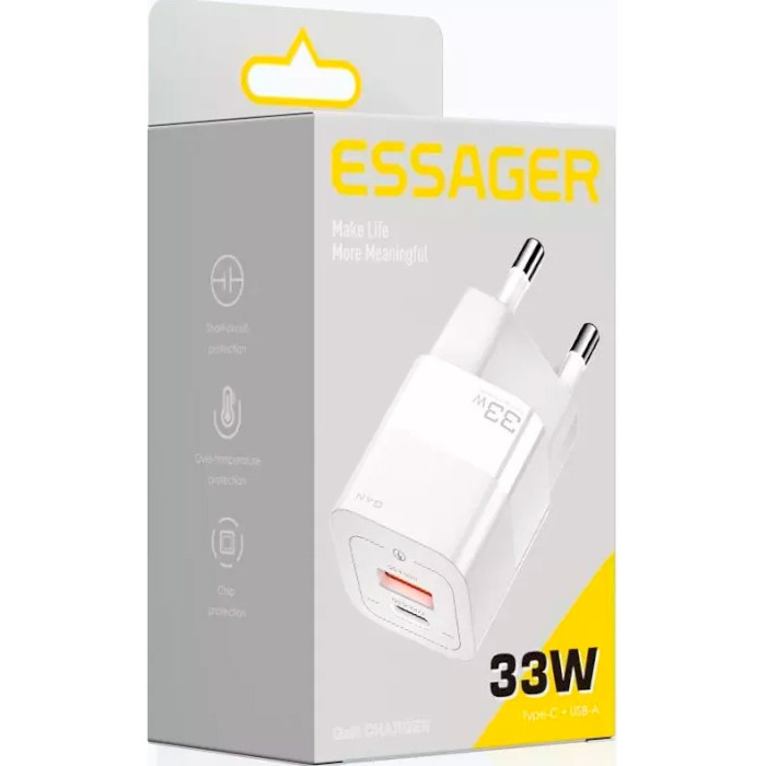 Зарядний пристрій ESSAGER Square Brick 33W 1xUSB-A, 1xUSB-C GaN Travel Charger White (ECTCA-FZB02)