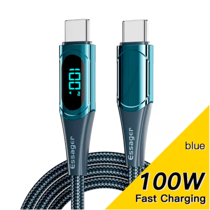 Кабель ESSAGER LED Digital Display Fast Charging Data Cable PD100W Type-C to Type-C 1м Blue (ES-XCTT1-YD03)