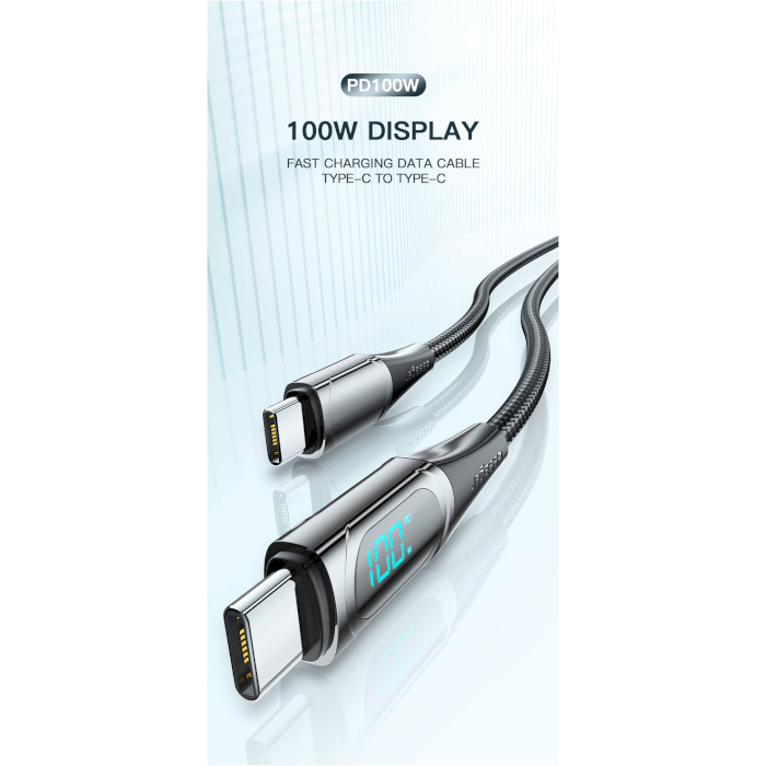 Кабель ESSAGER LED Digital Display Fast Charging Data Cable PD100W Type-C to Type-C 1м Blue (ES-XCTT1-YD03)
